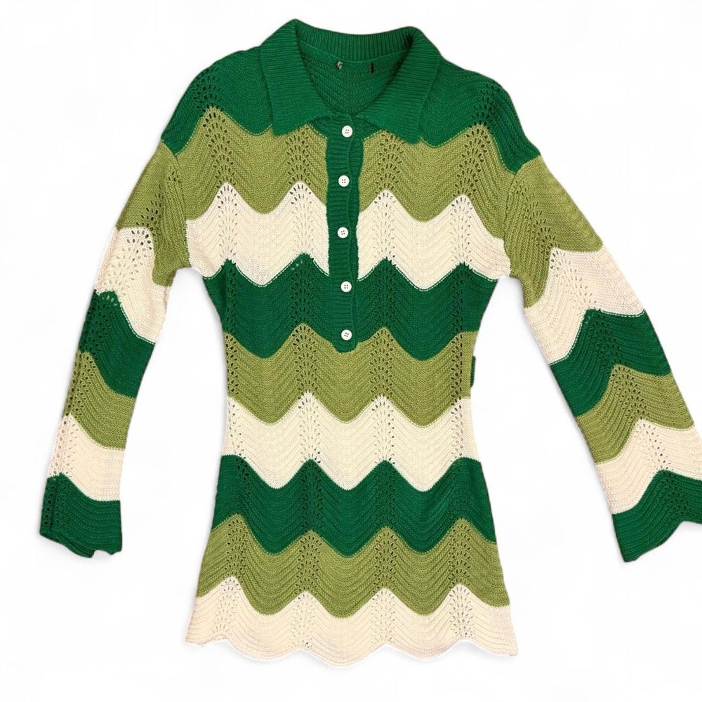 Vintage 70s Chevron Knit Sweater Dress Green Cream Collared Retro